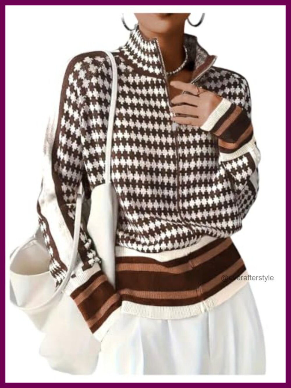 Houndstooth Zip Up Cardigan Long Sleeve Knit Sweater Jacket Stand Collar